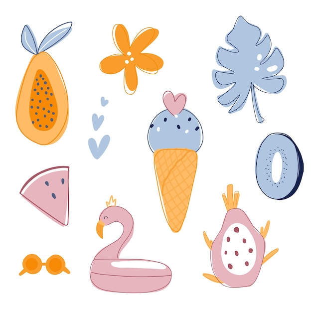 Set van tropische objecten fruit, ijs, monsterablad, flamingo, bloem in cartoonstijl