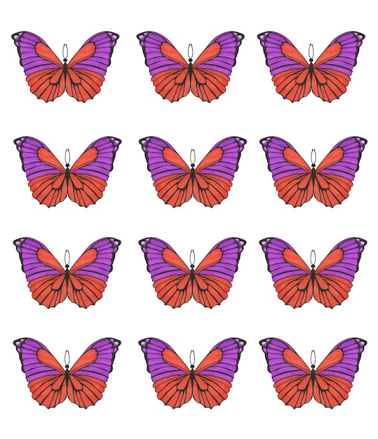 Set van tropische oranje paarse kleurrijke vlinders om af te drukken