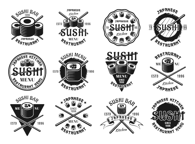 Set van twaalf sushi vector emblemen, etiketten, insignes, postzegels of logo's in vintage zwart-wit stijl geïsoleerd op een witte achtergrond