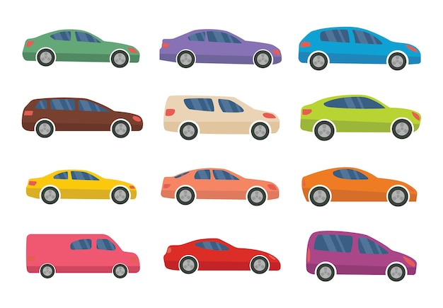 Set van twaalf veelkleurige auto's op een witte achtergrond. vector illustratie.