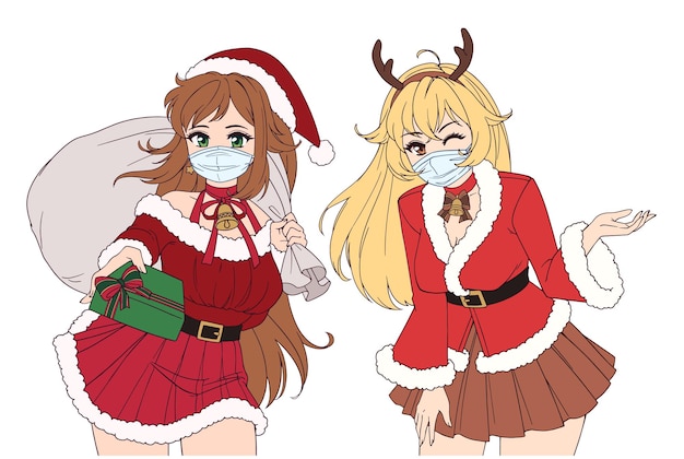 Set van twee anime-meisjes met een medisch masker en een kerstkostuum.