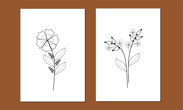 Set van twee minimale lijn kunst bloemen kunst aan de muur. Zwart-wit lijn kunst plant wand decor en poster.