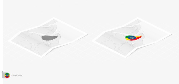 Set van twee realistische kaarten van Ethiopië met schaduw De vlag en kaart van Ethiopië in isometrische stijl