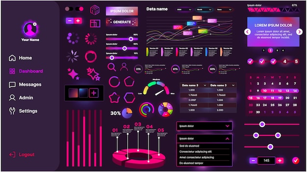 Set van UI-elementen voor AI-knoppen, panelen, glijders, pictogrammen en andere componenten Futuristisch cyberontwerp