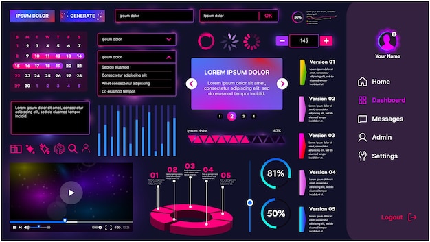 Set van UI-elementen voor AI-knoppen, panelen, glijders, pictogrammen en andere componenten Futuristisch cyberontwerp