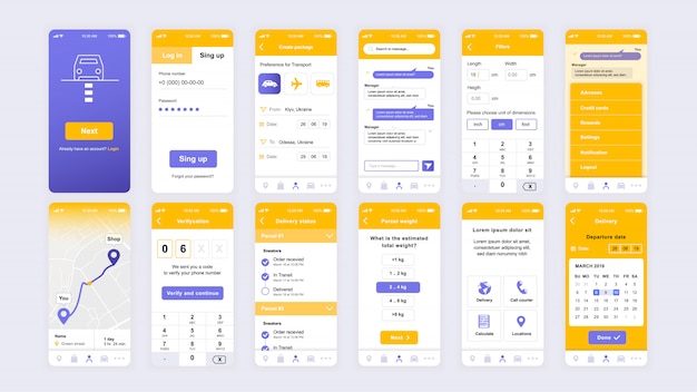Set van UI, UX, GUI schermen Delivery app platte sjabloon