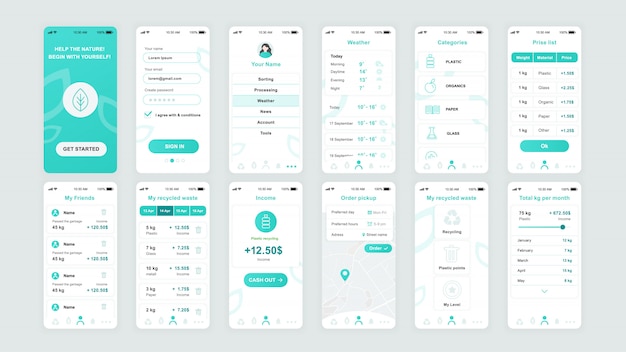 Set van ui, ux, gui schermen ecology app flat-sjabloon