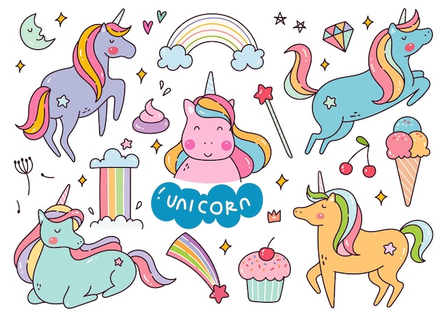 Set van unicorn cartoon kawaii doodle vector illustratie