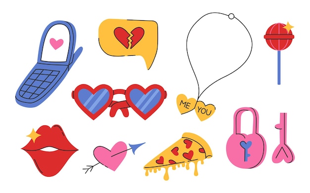 Set van valentijnsdag doodle illustraties leuke retro objecten met de hand getekende elementen over liefde vector collectie groovy stijl