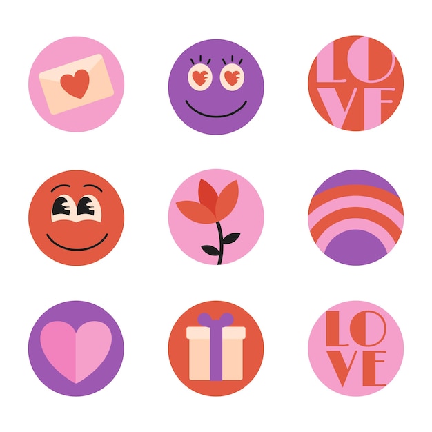 Set van Valentijnsdag pictogrammen ronde platte stickers met romantische symbolen bloem en personages