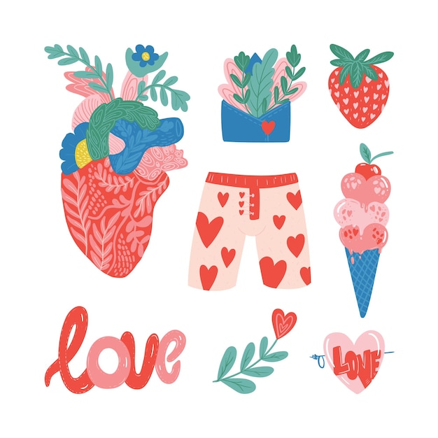 Set van Valentijnsdag vectorillustratie Trendy kleurenpalet en leuke romantische elementen D