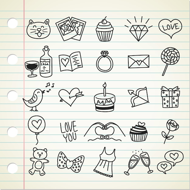 Set van valentine pictogram in doodle stijl