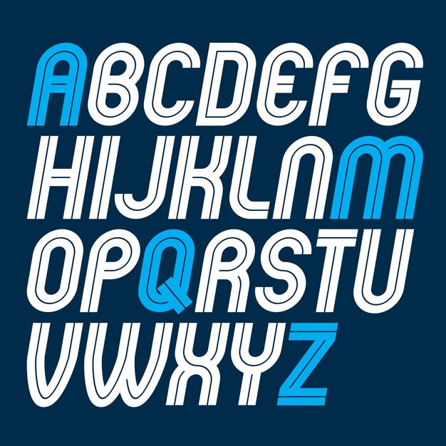 Set van vector afgeronde vetgedrukte hoofdletters van het alfabet gemaakt met witte lijnen, kunnen worden gebruikt bij het maken van posters voor sociale of commerciële aankondigingen