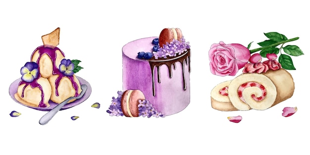 Set van vector aquarel illustraties met bloemen desserts.