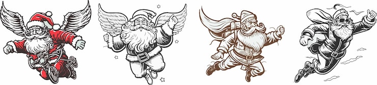 Vector set van vector cartoon illustratie leuke grappige vliegende kerstman. kopieer ruimteontwerphulp. vleugels