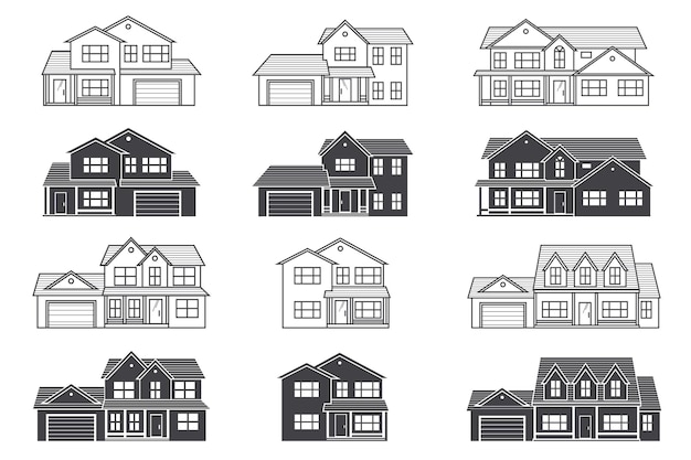 Set van vector dunne lijn pictogram voorsteden Amerikaanse huizen voor web