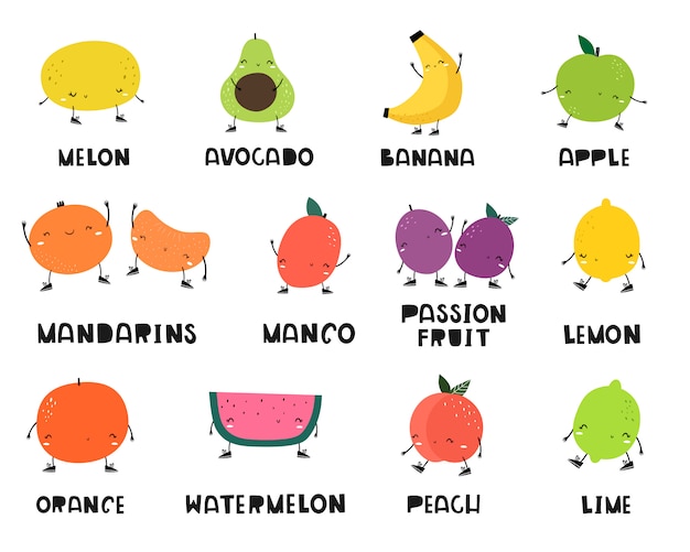Set van vector gelukkig fruit. Doodle, hand getrokken, Emoji