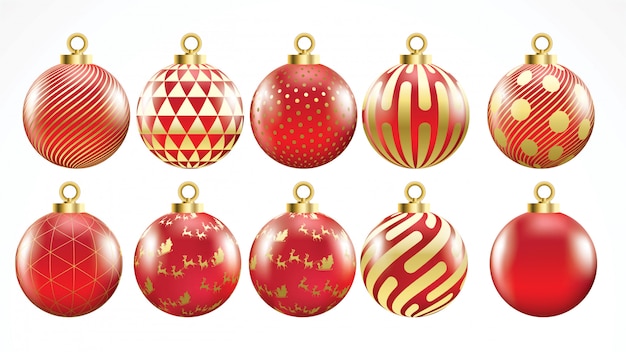 Set van vector gouden en rode kerstballen met ornamenten