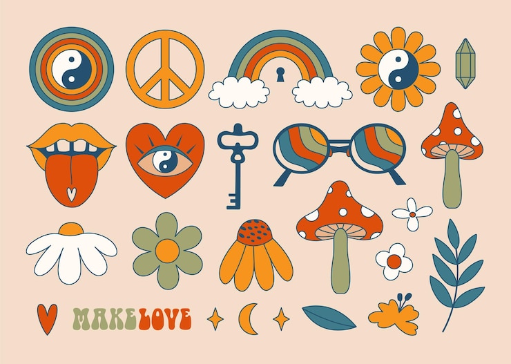 Vector set van vector groovy psychedelische stickers. hippie hemelse esoterische illustraties. plat ontwerp.