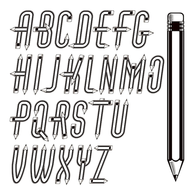 Set van vector hoofdletters alfabet letters geïsoleerd gemaakt met behulp van briefpapierontwerp, gebouwd met potloden. Voor gebruik in rapportage en journalistiek.