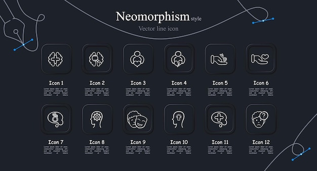 Set van vector iconen die emotionele toestanden vertegenwoordigen geluk verdriet woede verrassing vreugde angst liefde opwinding kalmte frustratie neomorfisme stijl vector lijn icoon