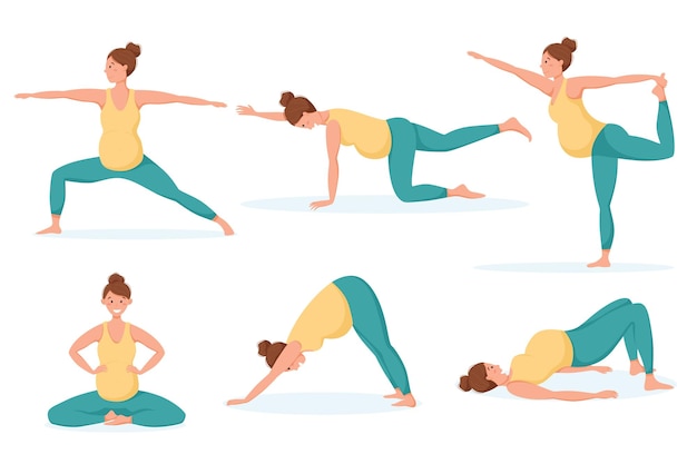 Set van vector illustraties poseert voor prenatale yoga een zwangere vrouw gaat in voor sport