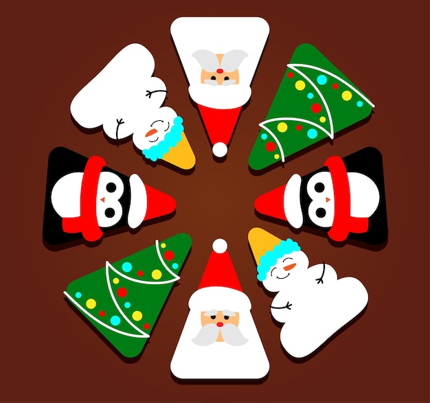 Vector set van vector kerst iconen. kerstman, sneeuwpop, kerstboom, pinguïn.