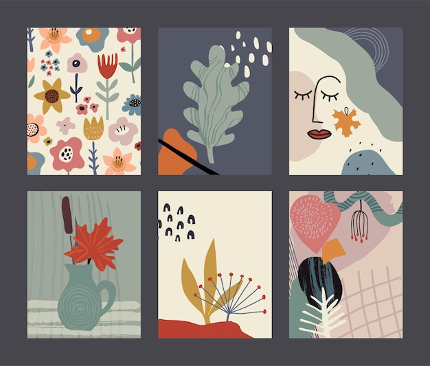 Set van vector kleurrijke collage hedendaagse kaarten of posters Herfst natuur collectie