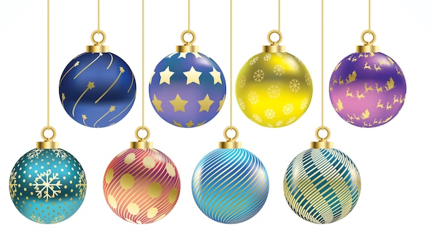 Set van vector Kleurrijke kerstballen met ornamenten. collectie geïsoleerd realistische decor