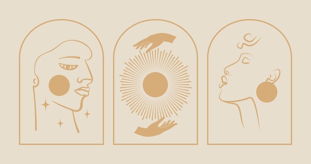 Set van vector lineaire boho emblemen van zwarte mensen Boheemse logo-ontwerp met Afrikaanse man en vrouw