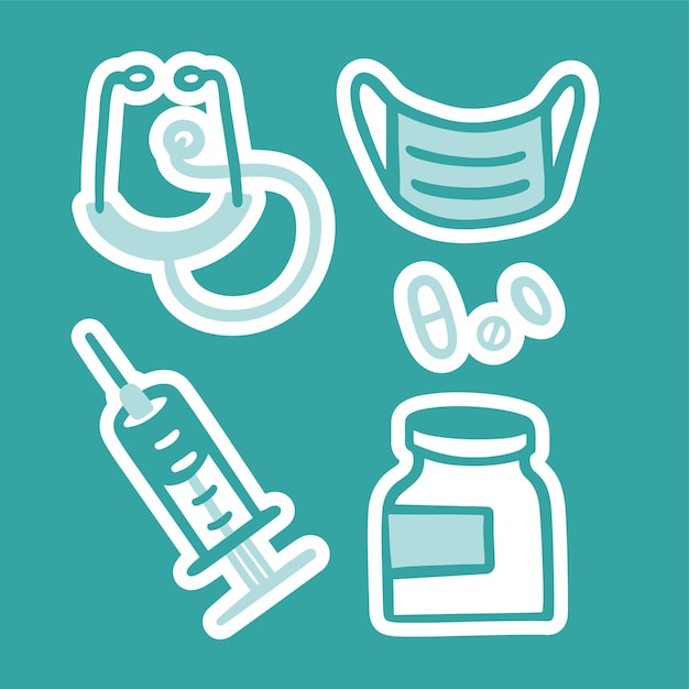 Set van vector medische hulpmiddelen. Pillenpotje, stethoscoop, spuit of injectie, masker. Vector doodle
