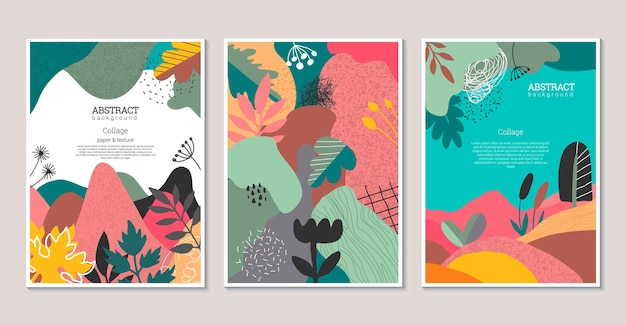 Set van vector moderne artistieke posters met handgetekende texturen hart vormen bloemen