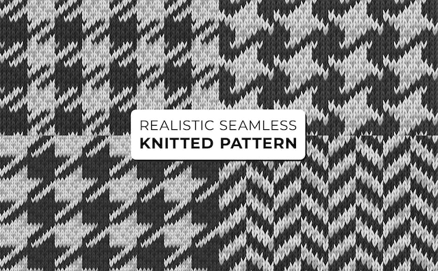 Vector set van vector monochrome realistische naadloze gebreide patronen herders check pepita houndstooth herringbone wool stof garen textuur voor achtergrond behang closeup gecreëerd met mesh tool