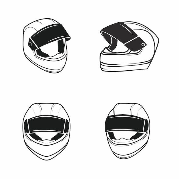 Vector set van vector moto helm iconen vanuit verschillende hoeken geïsoleerd op een witte achtergrond. het concept van het rijden op een motorfiets, hoge snelheid, veiligheid en bescherming. set elementen voor een website of app.