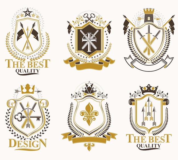 Vector set van vector retro vintage insignes gemaakt met ontwerpelementen zoals middeleeuwse kastelen, arsenaal, wilde dieren, keizerlijke kronen. collectie van wapenschild.