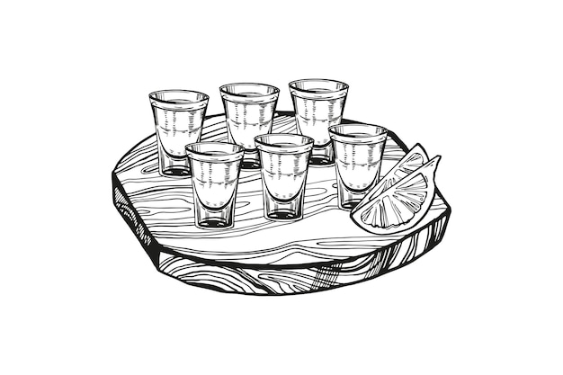 Vector set van vector shot glazen voor alcoholische dranken op houten plank en plakjes citroen met de hand getekende schets van shot glassen voor sterke alcohol zwart en wit inkt illustratie geïsoleerde witte achtergrond