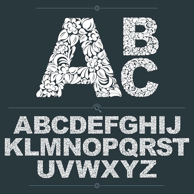 Set van vector sierlijke hoofdsteden, typoscript met bloemenpatroon. Zwart-witte karakters gemaakt met behulp van kruidentextuur.