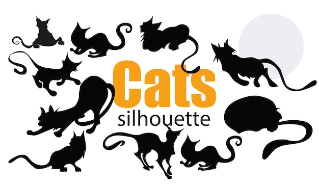 Set van vector silhouetten van katten in verschillende poses. Zwarte iconen van katten geïsoleerd op wit