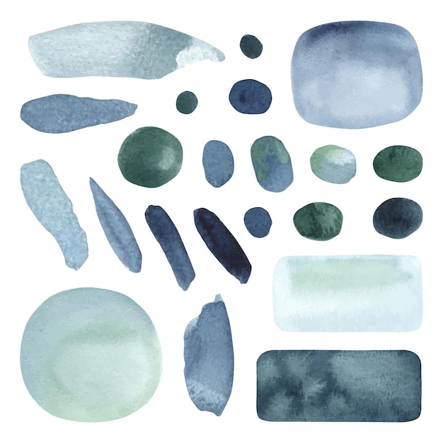 Vector set van vector van aquarel blauwe vlekken en penseelstreken. abstracte aquamarijnvlekken