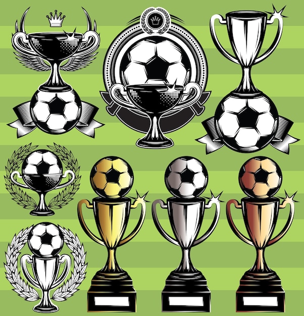 Set van vector zwart-wit competitie iconen met voetbal lint en cups