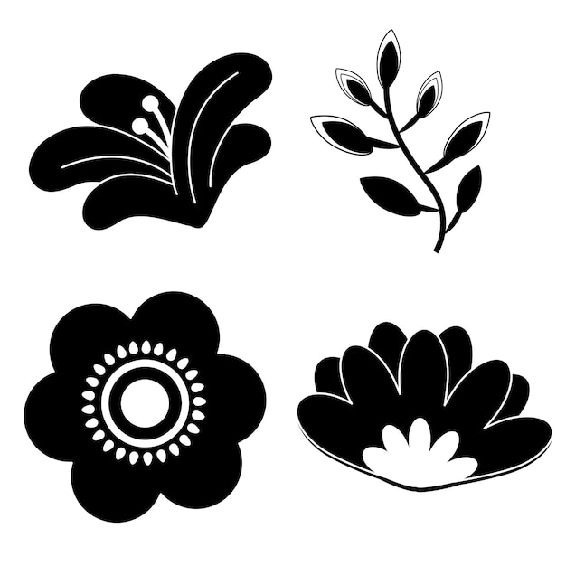 Set van vector zwarte silhouetten van bloemen pictogram geïsoleerd op een witte achtergrond