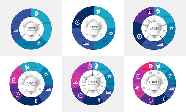 Vector set van vectorcirkel infografische grafiek sjablonen 3 4 5 6 7 8 delen