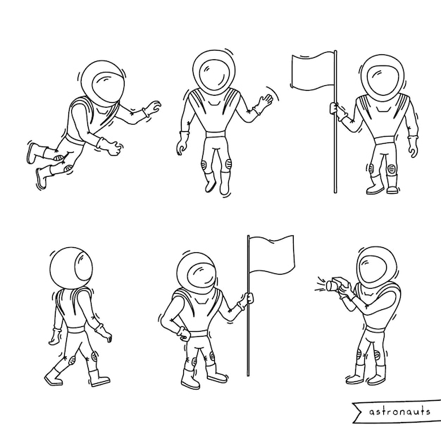 Set van vectorillustratie van astronaut. Planeetverkenning en prestatie doodle