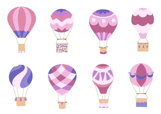 Set van vectorillustraties van overzicht hete luchtballon op sky