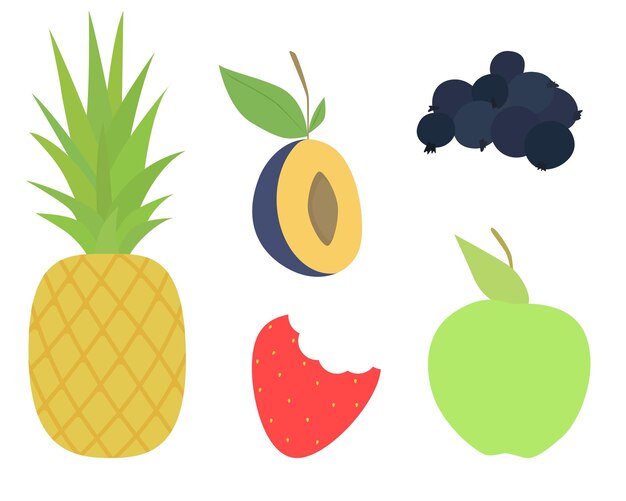 Set van vectorvruchten. ontwerp van appel, ananas, pruim, aardbei, bessen