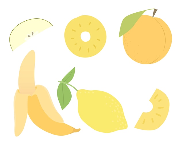 Set van vectorvruchten. Ontwerp van banaan, appel, citroen, perzik, ananas