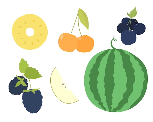 Set van vectorvruchten. ontwerp van watermeloen, kers, appel, ananas, bessen