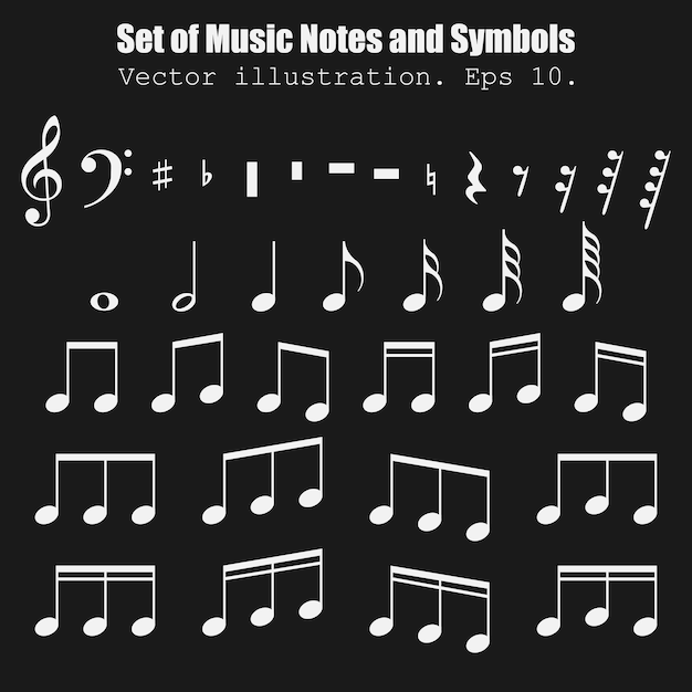 Set van veel verschillende notities en symbolen collectie muzikaal symbool muzieknoten geïsoleerd op zwarte achtergrond vectorillustratie