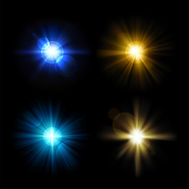 Vector set van veelkleurige lichtflitsen met lens-effect realistische kleurrijke flits en schittering vector sjabloon op transparante achtergrond helder gloeiende stralen explosie gloed illustratie