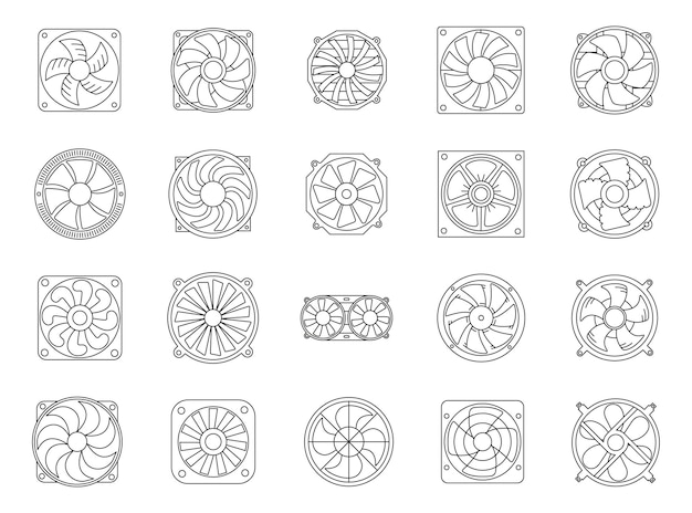 Set van ventilatoren en propellers iconen lineair computer koelapparaat elektrische temperatuur apparatuur overzicht vectorillustratie